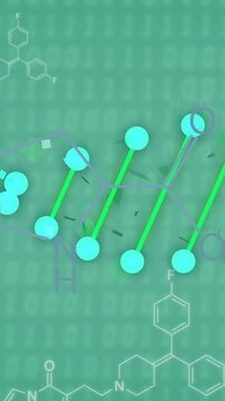DNA strand and chemical formulas over green background with binary coding