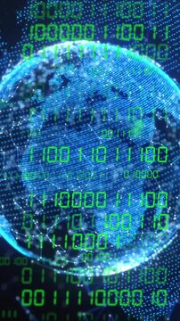 Animation of globe with binary coding and data processing over dark background