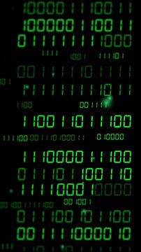Animation of binary coding and data processing over dark background