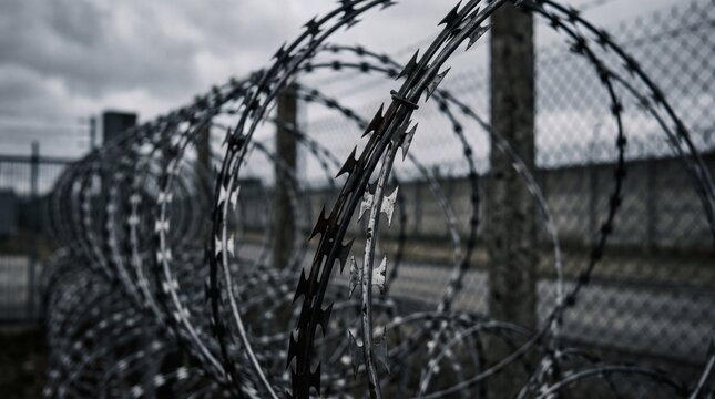 Barbed wire fence with coiled razor wire and concrete wall under cloudy sky.