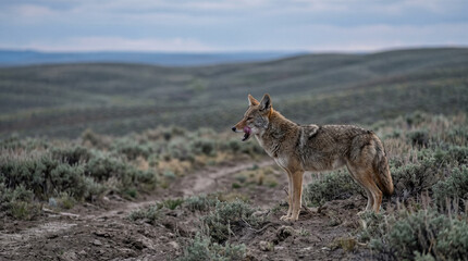 Fototapeta premium Wild coyote standing on a dirt path in a prairie landscape. Predator licking its nose with tongue out. Natural animal behavior in wilderness habitat. Copy space
