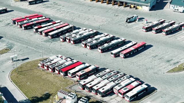 Urban bus depot with articulated buses from above