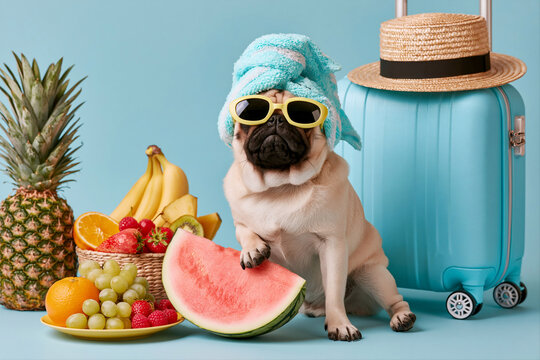 A chilling pug in sunglasses and towel on his head with set of tropical fruits and suitcase on blue background. Summer vacation, tourism, resting concept. Funny animal for commercial poster