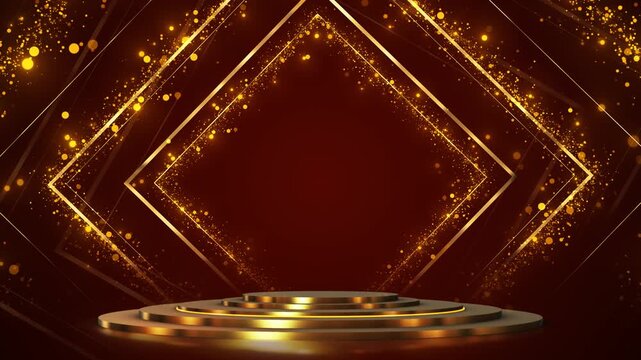 Golden podium stage with sparkling diamond frame and rich red backdrop creates a premium display scene. Best for product launches, award visuals, festive branding, ecommerce promos, and luxury ads.