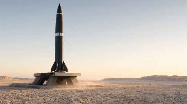 A large black missile stands on a launchpad in a desert landscape under a clear sky.