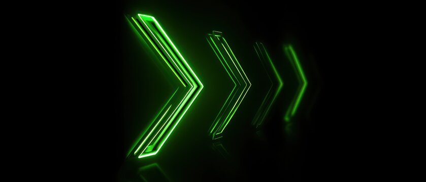 Futuristic neon green arrows pointing right on a dark background with reflections