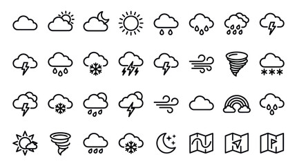 Naklejka premium Essential weather condition and meteorology map line icons.