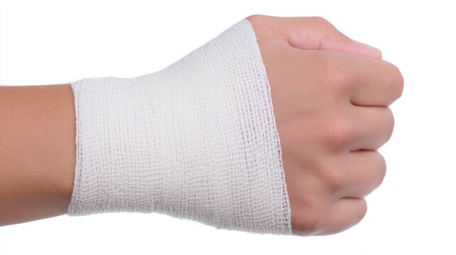 Hand of woman with white medical bandage wrapped around wrist. Injury treatment and protection. First aid care for sore limb. Recovery from sprain, trauma or surgery in clinic or at home.