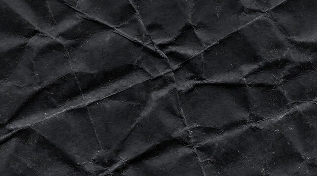 Close-up of crumpled black paper texture with deep shadows and dramatic folds for design backgrounds