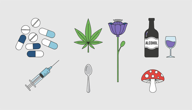 Collection of different addictive substances and drugs including pills, cannabis, alcohol, poppy, and syringe.