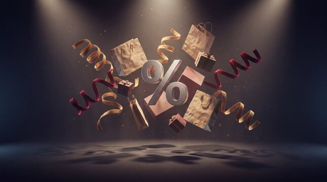Silver 3D percent sign floats among Black Friday gift bags