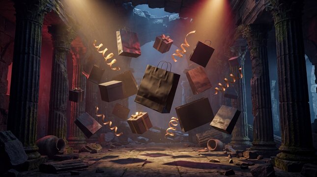 Gift boxes soar through ancient 3D ruins on Black Friday