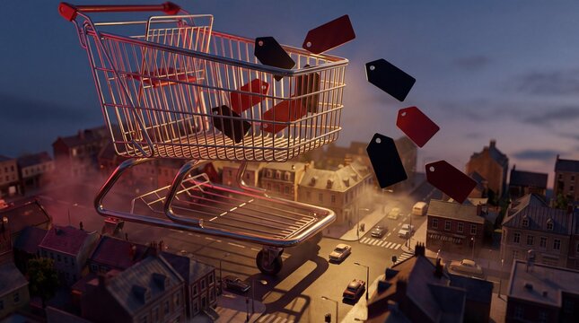 Miniature Black Friday town watches a 3D cart soar past