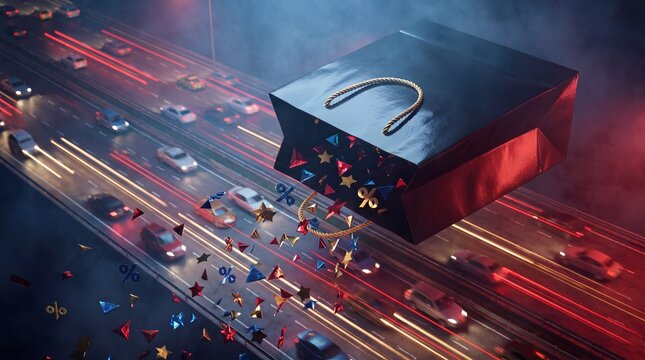 Glowing 3D shopping bag soars over a Black Friday highway