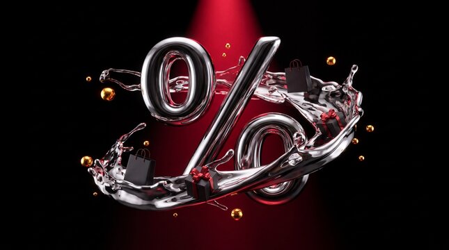 Liquid chrome 3D percent sign rendered with Black Friday gifts