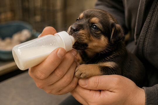 Person bottle feeding a young puppy with milk as part of newborn pet care