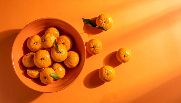 Fresh ripe mandarins in a ceramic bowl on an orange background with shadows