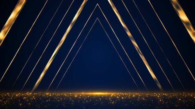 Deep luxury stage rising golden triangular lines, metallic reflections, sparkling floor particles. award ceremonies, product launches, gala intros, premium advertising, fashion shows, title reveals.