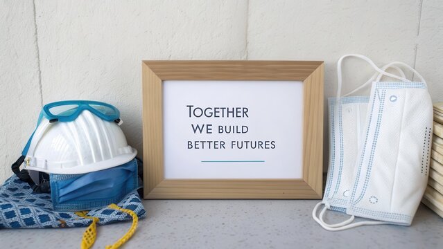 Together We Build Better Futures framed message with safety gear