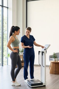 Woman getting body composition analysis from a healthcare professional. Body fat assessment and health monitoring concept in a modern clinic