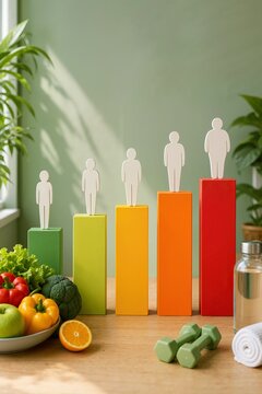 Conceptual BMI index chart made of wooden blocks and human figures with healthy lifestyle items