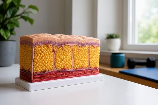 Anatomical model of human skin and subcutaneous fat layers. Cross section of adipose tissue for medical and educational presentation