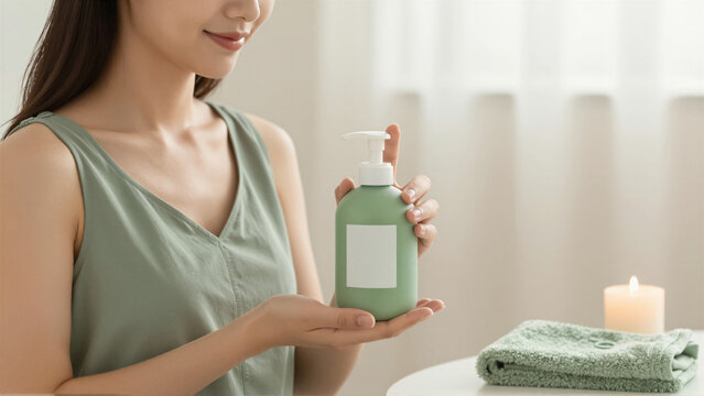 A young woman holds a natural skincare bottle. Perfect for beauty, wellness, and cosmetic product branding