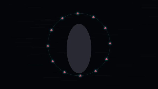 Digital Technology Concept with Orbiting Neon Triangles Around Oval