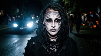 Fototapeta premium Portrait of a person with intricate gothic spiderweb makeup. Woman wearing a black hood outdoors at night with blurred car headlights. Halloween costume and spooky character concept