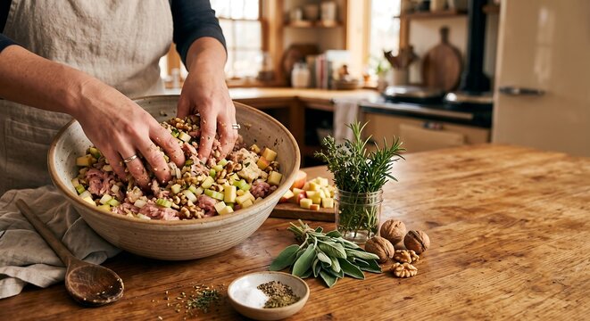 Woman preparing homemade stuffing with ground meat, apple, celery, herbs, and walnuts in a rustic kitchen. Traditional holiday cooking and family dinner preparation concept.
