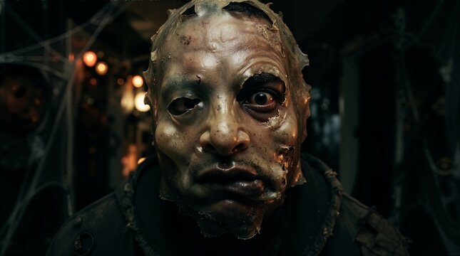 Disturbing close up portrait of a person wearing a deformed translucent skin mask. Creepy and grotesque horror character with a melted face. Dark psychological Halloween concept