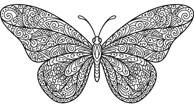 Detailed butterfly zentangle line art for adult coloring.