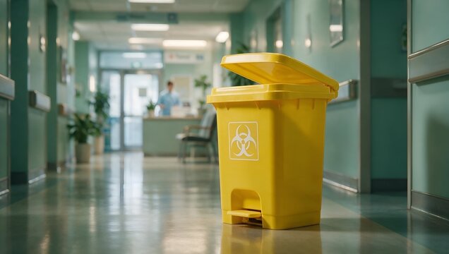 Yellow Biohazard Waste Container Standing in the Hallway of a Modern Medical Facility