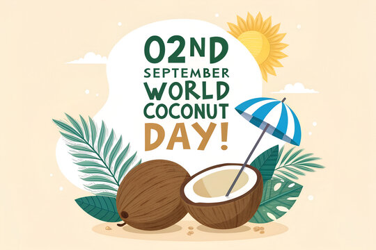 World coconut day greeting card design with whole and halved coconuts tropical leaves umbrella