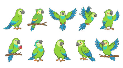 Fototapeta premium Cute Green Parrot Character Vector Icon Set Featuring Little Parakeets Flying Sitting on Branches Waving Wings and Eating Fruit for Nursery Designs