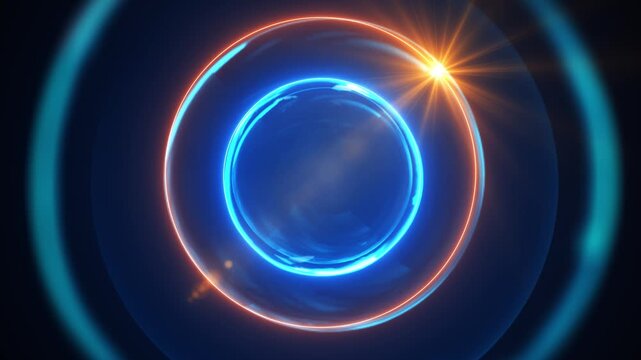Futuristic blue glass circle cyan neon rings, reflective depth, lens flare. logo reveals, 19 openers, portal animations, science visuals, energy themes, product intros, cinematic transitions.