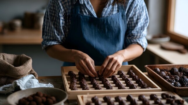 A person wearing an apron arranges chocolate truffles on wooden trays in a warm  rustic kitchen setting