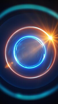 Luminous circular interface glows electric blue light, warm rim, transparent orb reflections. artificial intelligence virtual worlds, innovation campaigns, digital portals, game intros, premium motion