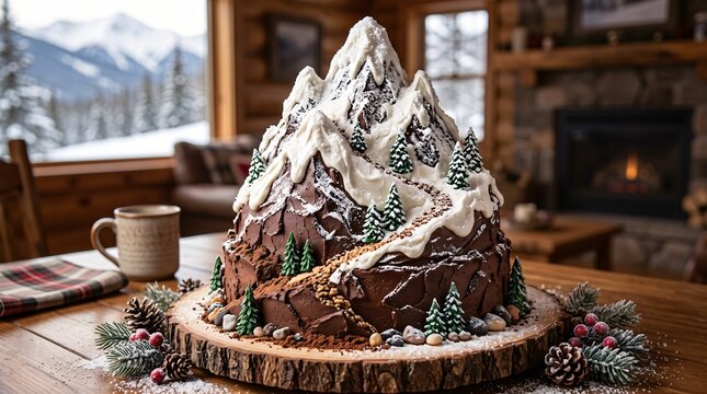 Spectacular mountain-shaped chocolate cake decorated with snow icing and pine trees. Perfect for food blogs, holiday recipes, and bakery ads.