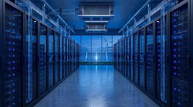 Green data center server room with server racks and liquid cooling system powered by solar panels and wind turbines 
