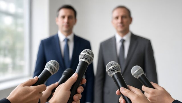 Professional Men in Suits Giving Press Conference Interviews to Journalists with Microphones