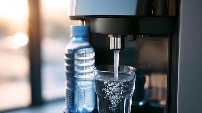 Water dispenser pouring fresh water into a glass with a plastic bottle nearby under soft natural light