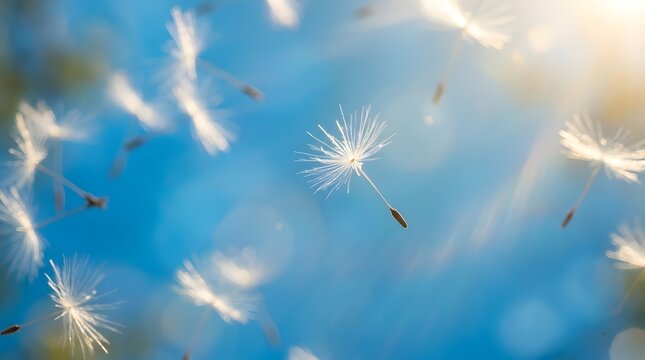 Macro shot of dandelion seeds floating in the air against a bright blue sky background.