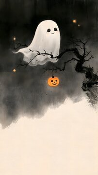 Chinese ink wash painting of white ghost floating near bare tree branch with hanging jack o lantern and fireflies