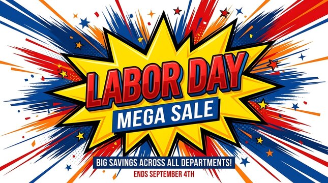 Labor day mega sale banner with dynamic starburst background and bold typography