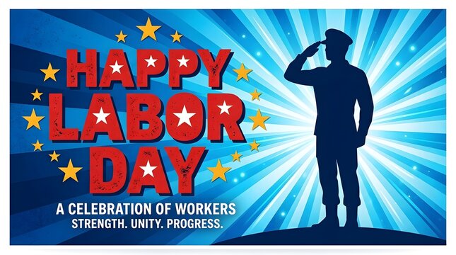 Happy labor day patriotic illustration with a silhouetted service member saluting