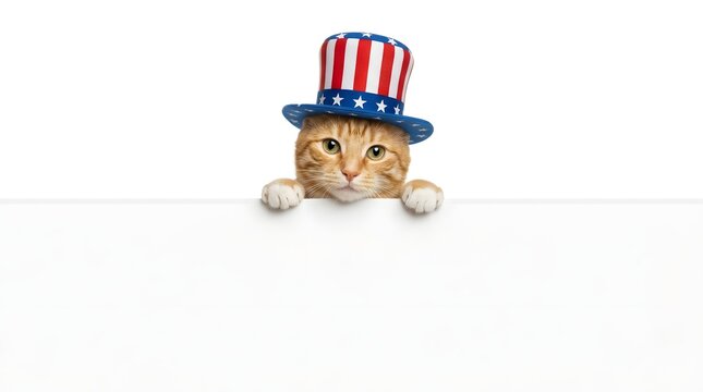 Adorable orange tabby cat wearing a patriotic uncle sam hat on a white background