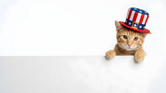 Adorable kitten wearing a patriotic uncle sam hat against a white background