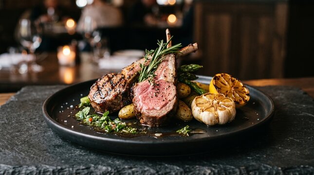 Gourmet grilled lamb chops with charred grill marks, rosemary, roasted garlic and lemon served on a dark plate with sophisticated restaurant styling.