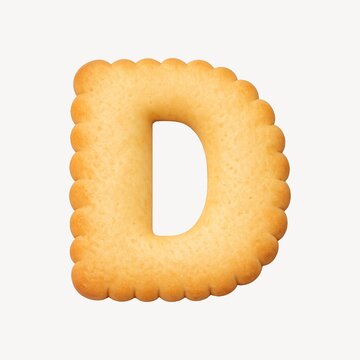 Golden letter D biscuit cookie isolated on a clean white background.